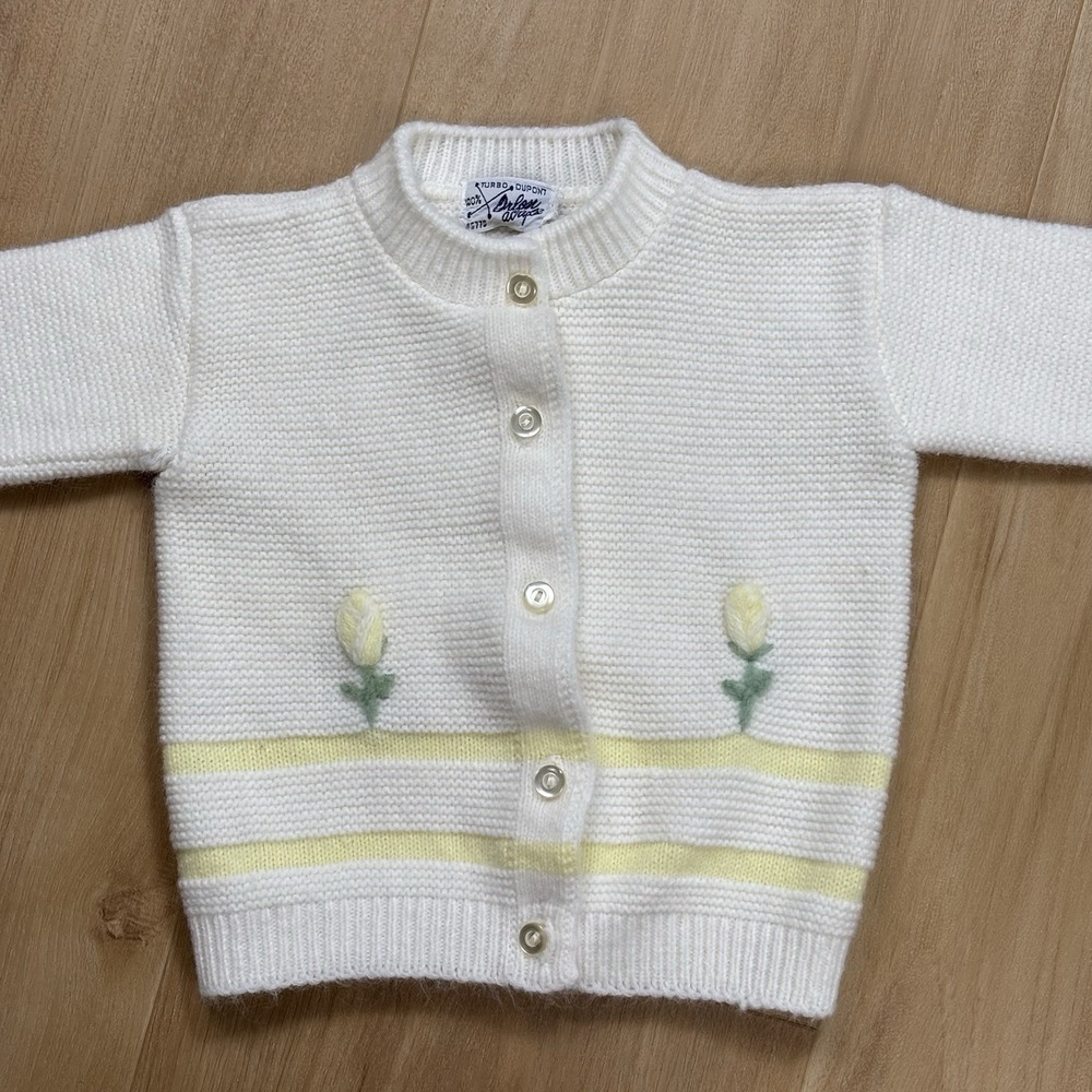Vintage Turbo Dupont Baby Sweater 2T Yellow Flowers Cardigan Orlon Acrylic
